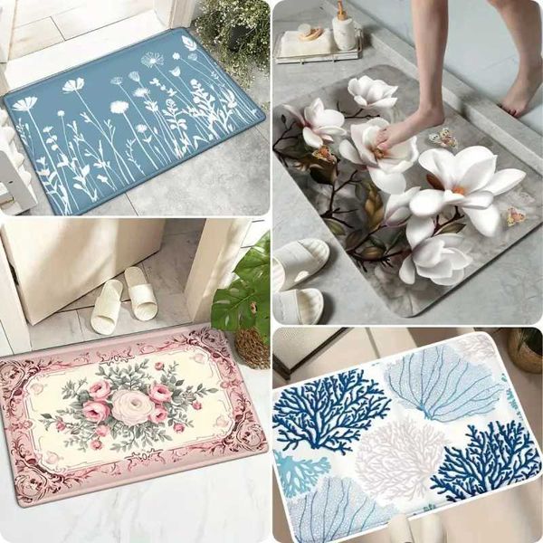 Blue Coral Pattern Bath Mat Super Absorbent Non Slip Washable Footpad Room Entrance Decor Carpet Household Bathroom Entry RugC241227