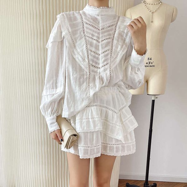 White Loose Cotton Shirts & Blouses, Hole Ruffle Detail, Women Fashion Elegant,Long Sleeve, Stand Collar, Casual Hot Summer Tops