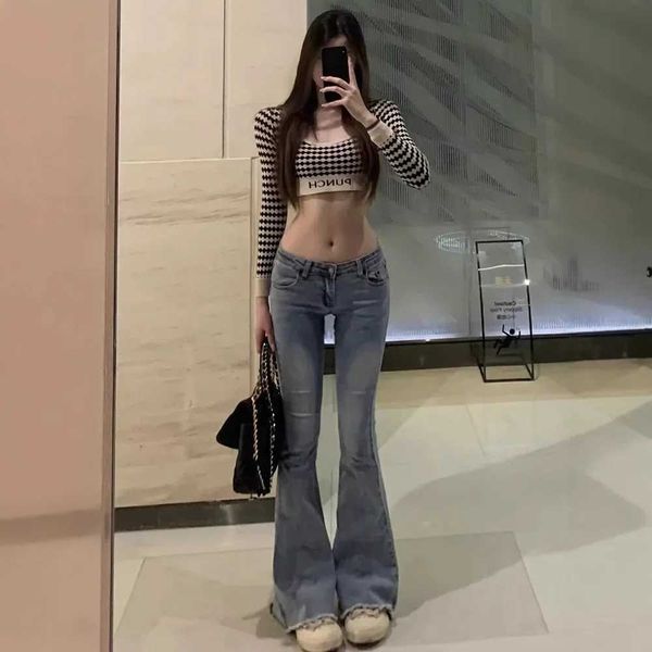 Women&#039;s Jeans American style weight loss edge jeans womens autumn retro low waist micro flame denim elastic band ultra-thin decal denim