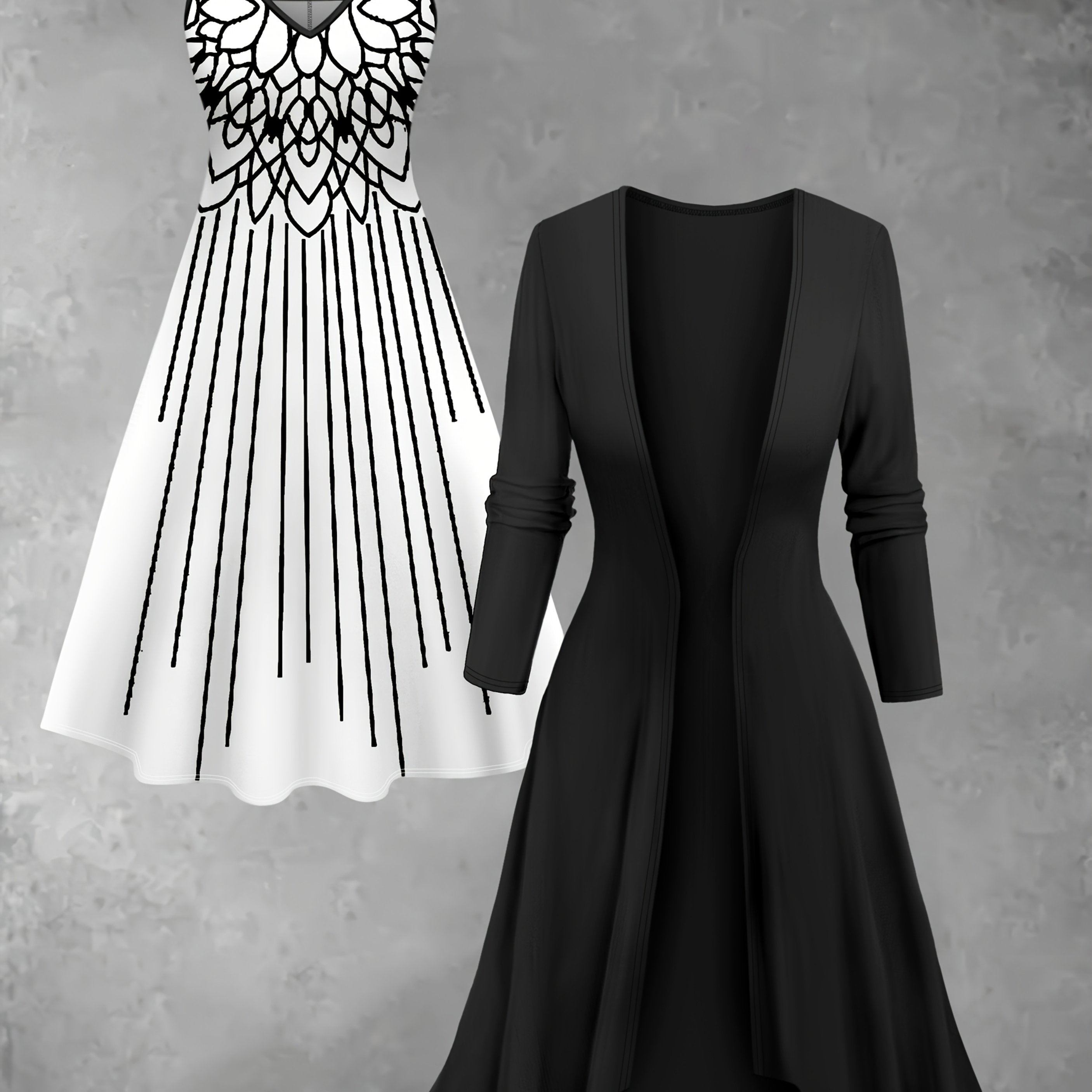 TEMU Plus-size Dress Set, Stylish Long Cardigan With Printed Dress Everyday Elegant 2pcs Set