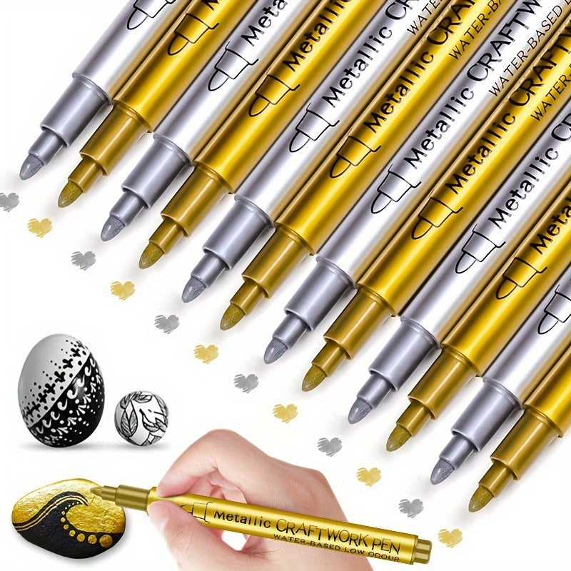 TEMU 12-pack Golden And Silver Permanent Marker, Suitable For Resin -waterproof, Non-bleeding, Ideal For Diy Art Projects And Office Supplies