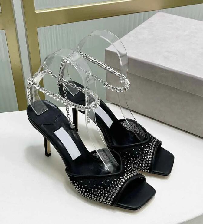 Fashion Designer Wedding Women Saeda Sandals Shoes High Heels Crystal-embellished Anklet High Heels Lady Gladiator Sandalias EU35-43 With Box