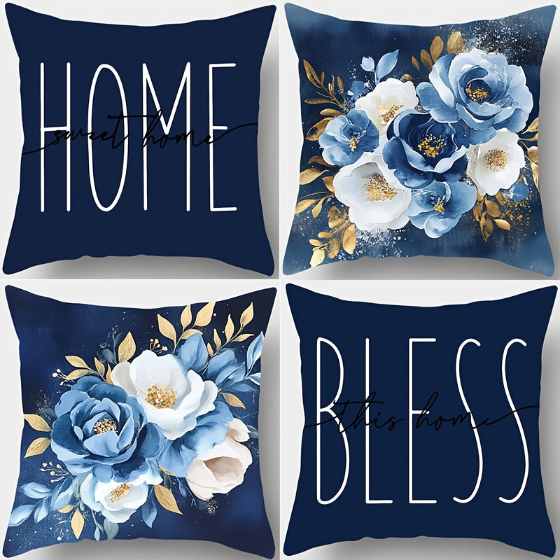 TEMU 4-pack Polyester Pillowcases, 17.72" Square, Machine Washable, Zippered Cushion Covers With Blue And White Flower Print For Living Room Sofa And