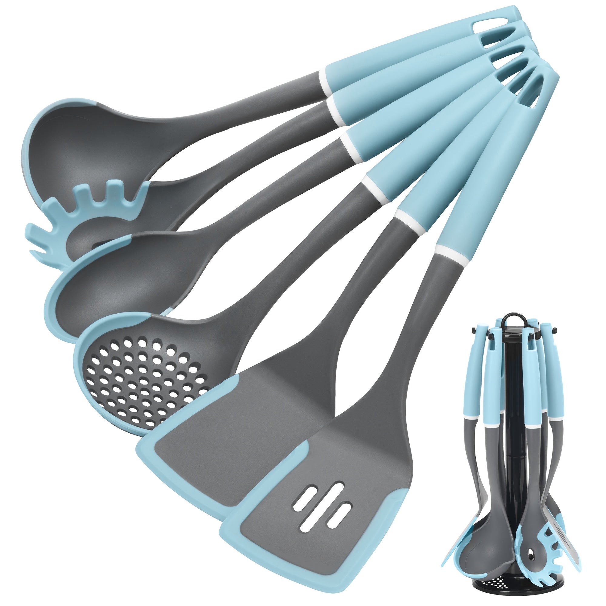 TEMU 6pcs Silicone Kitchen Utensil Set With Rotating Holder, , Heat-resistant, Includes Spatula, Slotted & Solid Spoons, Pasta Server - Cooking &