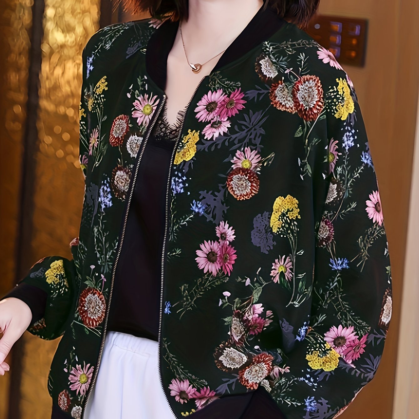 TEMU Women's Lightweight Summer Baseball Jacket - Geometric Pattern Loose Sunscreen Outerwear, Zipper Front Clothing Korean And Casual Outdoor Wear,