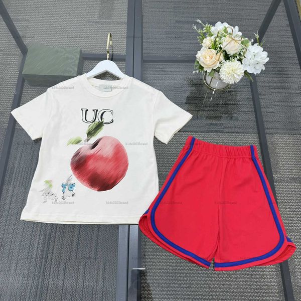 New child tracksuits Summer baby Two piece set designer kids clothes Size 100-150 CM Fruit pattern T-shirt and Red Sports shorts