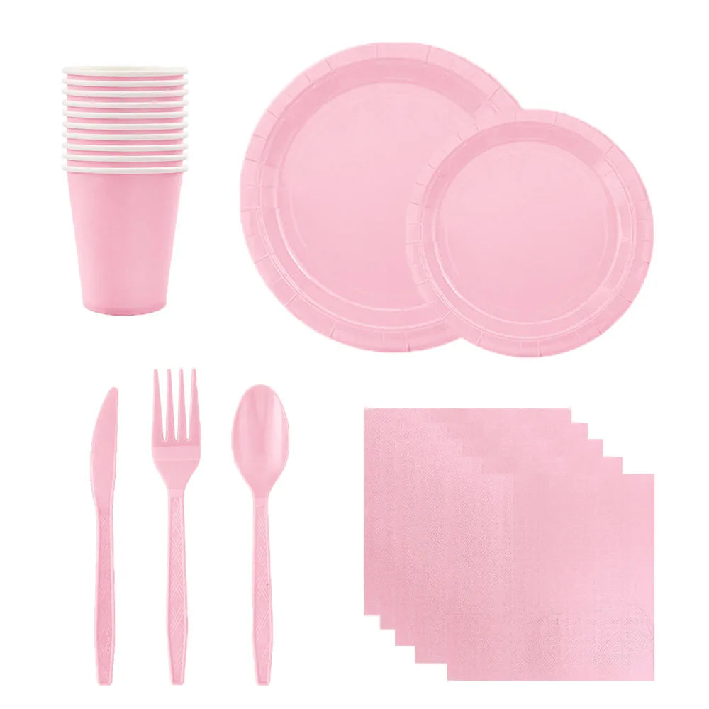 Light Pink party tableware disposable Solid color theme Birthday Decorations disposable pink tablecloth Plates Napkins Cups boda