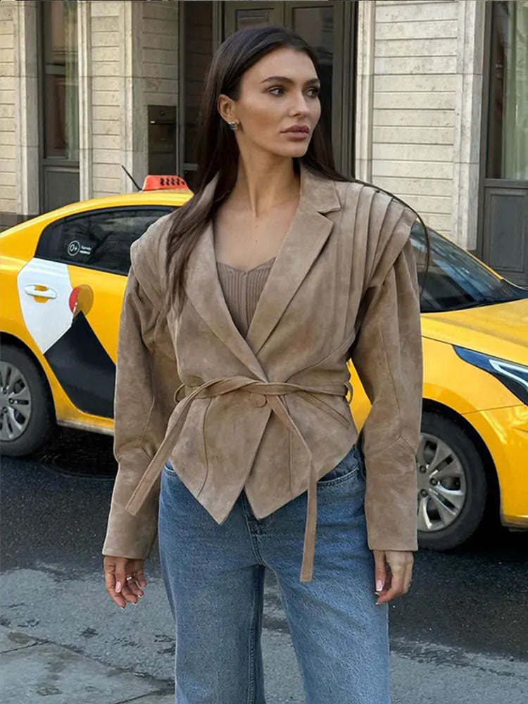 Fashion Women Suede Short Leather Jacket With Belt Pleated Shoulder Long Sleeve Lapel Button Cropped Coat Lady Street Outerwear 240823