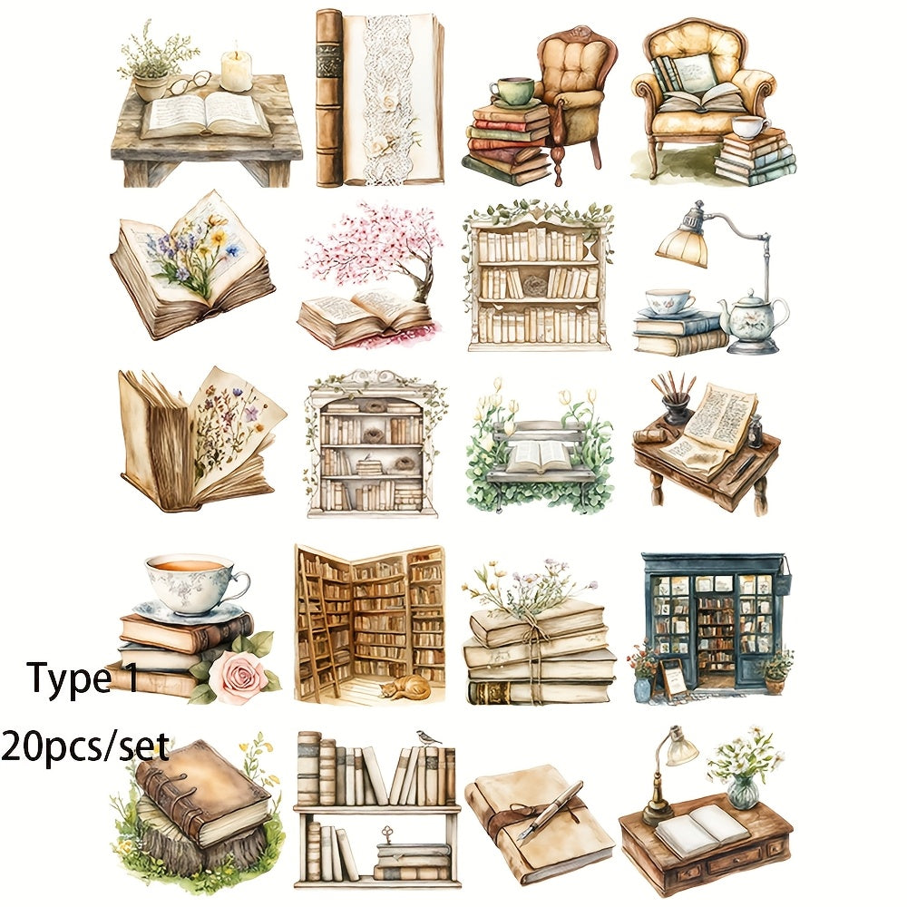 TEMU 1 Pack Of Retro Flowers Reading Books Antique Furniture Bookcase Series Handbook Stickers Decoration Diy Diary Album Photo Stationery Stickers