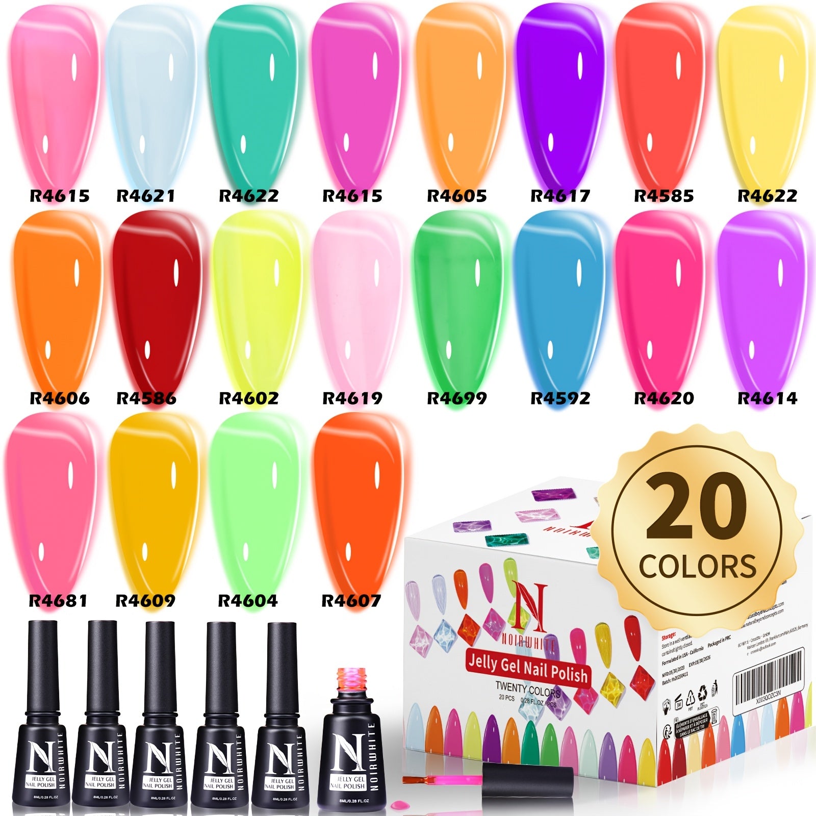 TEMU Polish, 20 Colors Trendy Neon Nail Polish Kit Glossy Crystal Transparent Gel Polish Nude Yellow Red Colors Jelly Nail Polish Set Soak Off Led