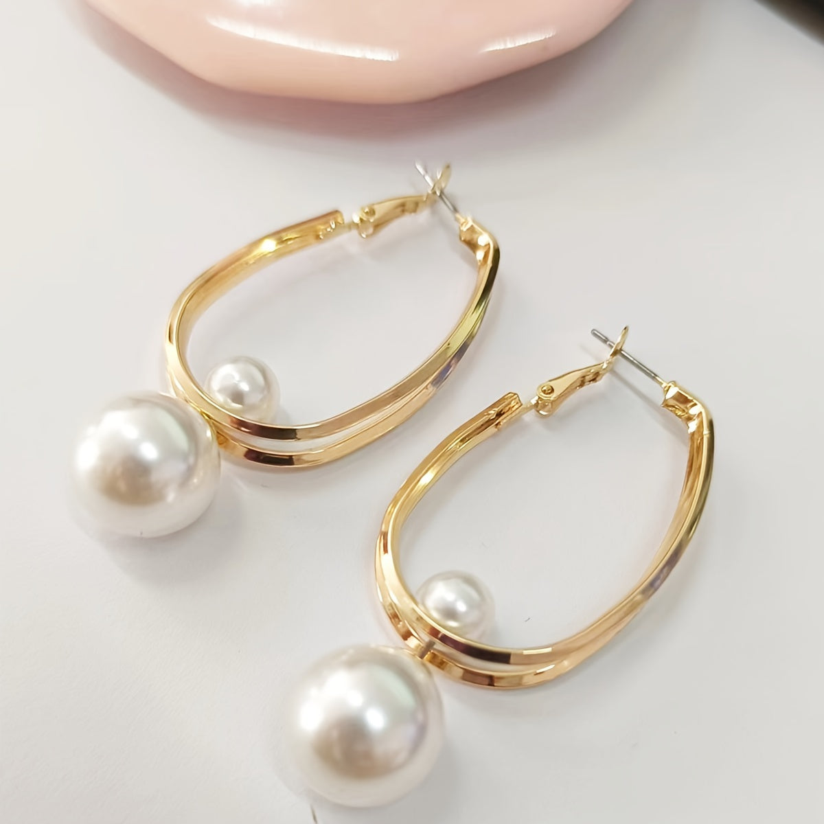 TEMU Elegant Double-layered Pearl Hoop Earrings - Stainless Steel Posts, Vintage & Chic For Casual Attire