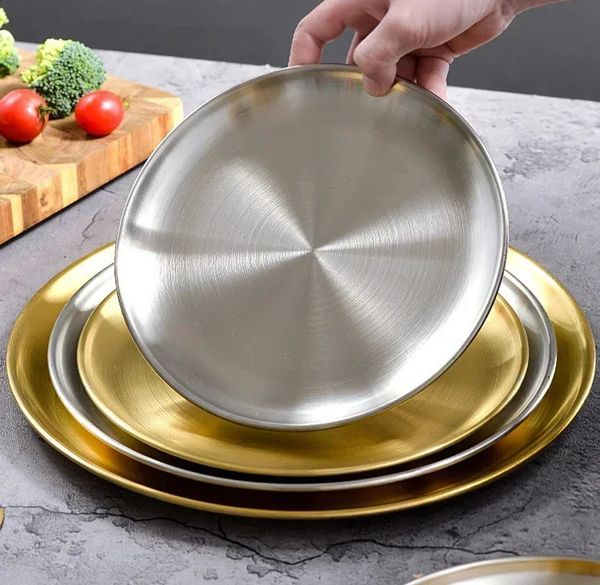 High quality Korean 304 stainless steel circular plate tray singlelayer hair finish mirror steak 240902