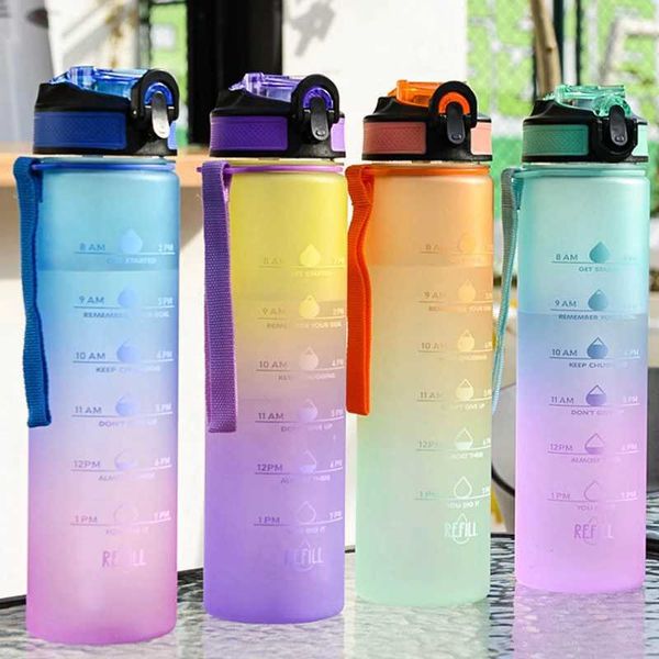 1000ml Colorful Motivational Sports Water Bott With Time Marker Plastic Frosted Water Cup Outdoor Fitn Water BottsXJ241123