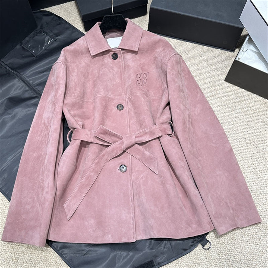 Luxury Elegant Women Coat Long Sleeve Vintage Lapel Jacket With Waist Belt Designer Faux Suede Outerwear Brand Letters Birthday Party Buttons Coats