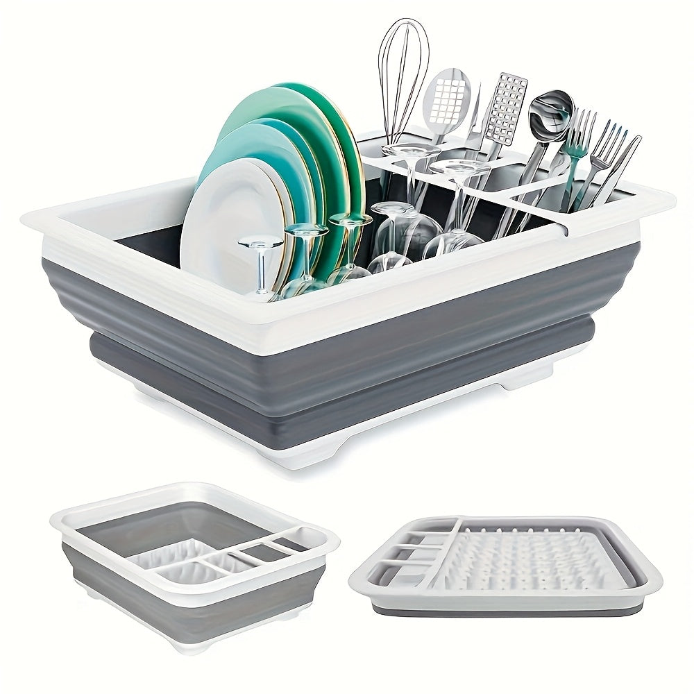 TEMU Collapsible Dish Drying Rack With Utensil Holder - Space-saving, Adjustable Height, Foldable Design For Home, Rvs, Camping - Durable Plastic