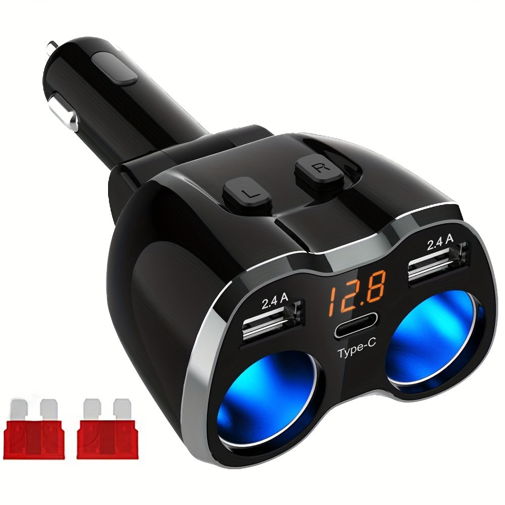 TEMU Car Lighter Spliter Charger Adaptor 120w Power Adapter 2 Way Switch 12v-24v Car Power Outlet With Dual 2.4a Usb Adapter And Type C Port For Car