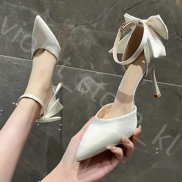 White Elegant Bowknot Thin Heels Pumps Women Pointed Toe Ankle Strap Wedding Party Shoes Woman Silk Super High Heels Bride Shoes 882