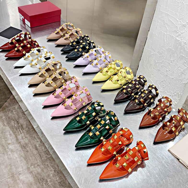 Designer Sandals Women High Heel Shoes V Slippers Big Rivets Pointed Toe Genuine Leather Lady Brand Summer Candy Color Wedding Shoes 34-44 with Box