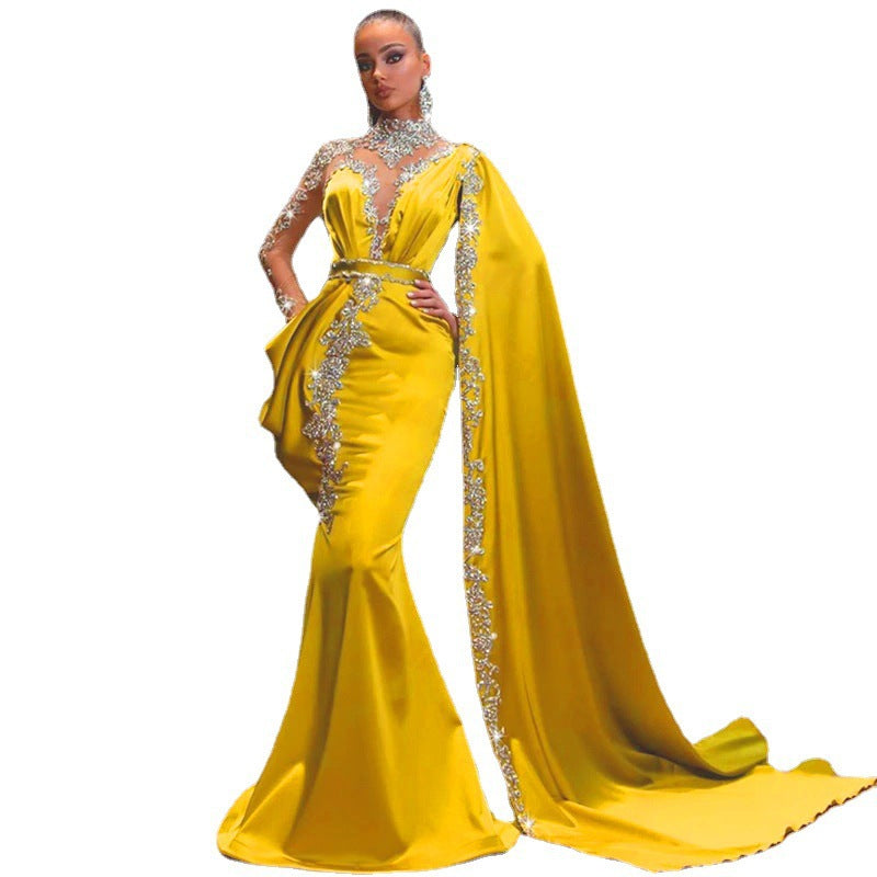 2023 Casual Dresses Gold Party High Neck Beaded Rhinestones Mermaid Prom Gown Cape Long Sleeves Satin Arabic Dubai womens clothing