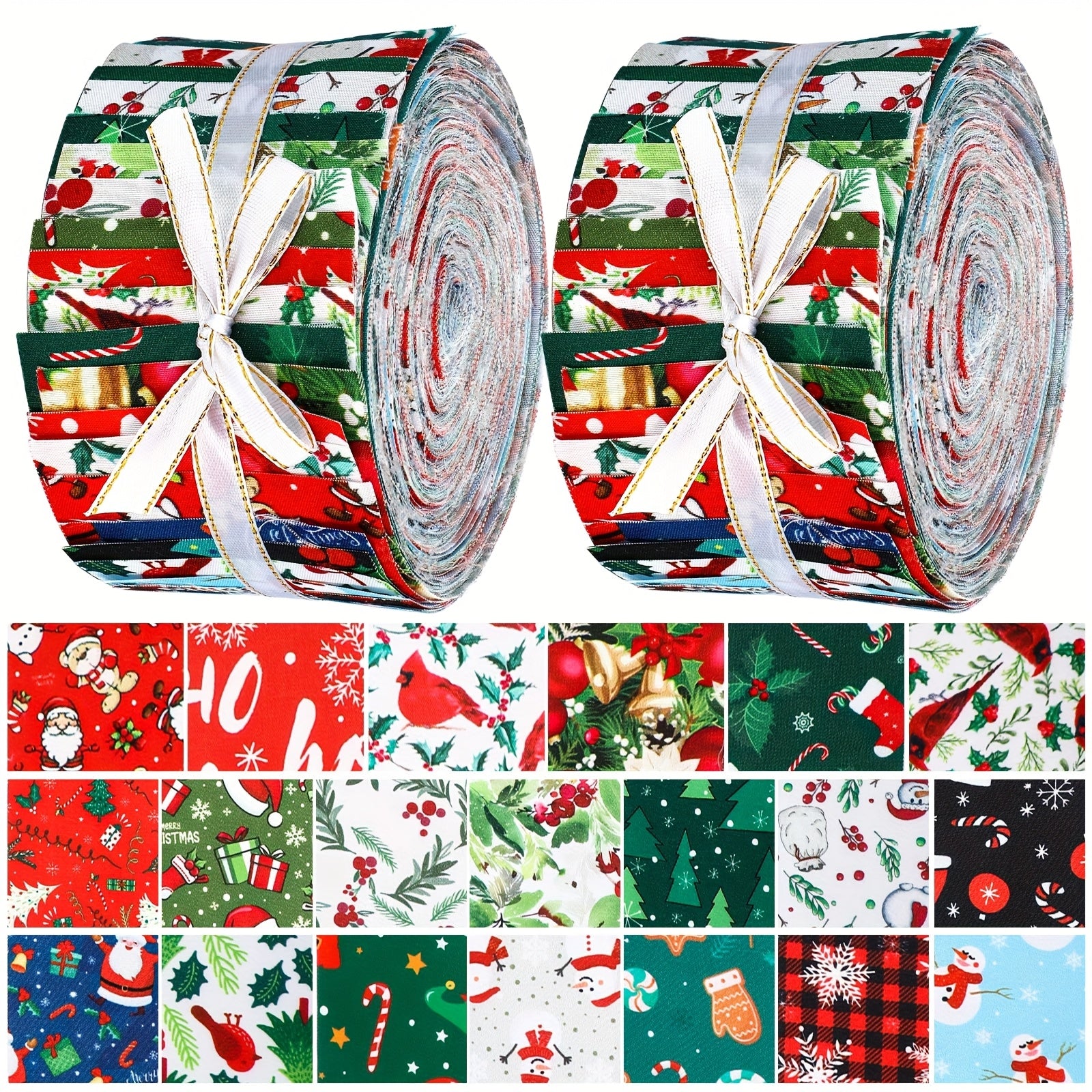 TEMU 40pcs Jelly Roll - 2.55 Inch Precut Red & Green Quilting Strips With Santa, Holly, Candy Cane & Snowflake Patterns - Festive Diy Sewing Craft