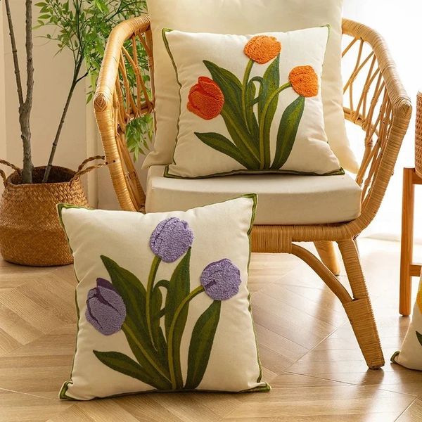 Pure Cotton Embroidery Pillowcase Tulip Spring Throw Pillow Covers 45x45 Outdoor Patio Cushion Cases Garden Decorations Home 240821