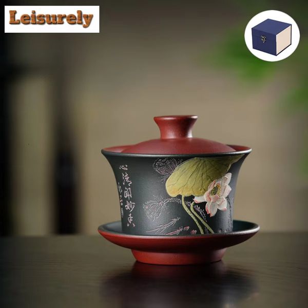 200Ml Yi Purple Clay Gaiwan Famous Mud-Painted Lotus Tureen Beauty Infuser Cover Bowl Chinese Handmade Zisha Tea Set