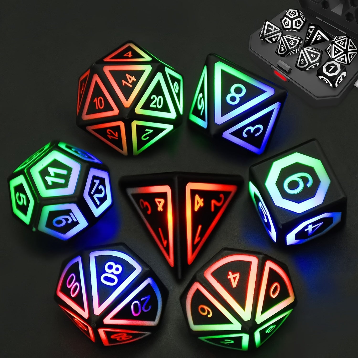 TEMU 7pcs Led Glow Dice Set With Charging Case - Usb Rechargeable, Rpgs & Tabletop Games, Abs Material, Ideal Gift For Gamers