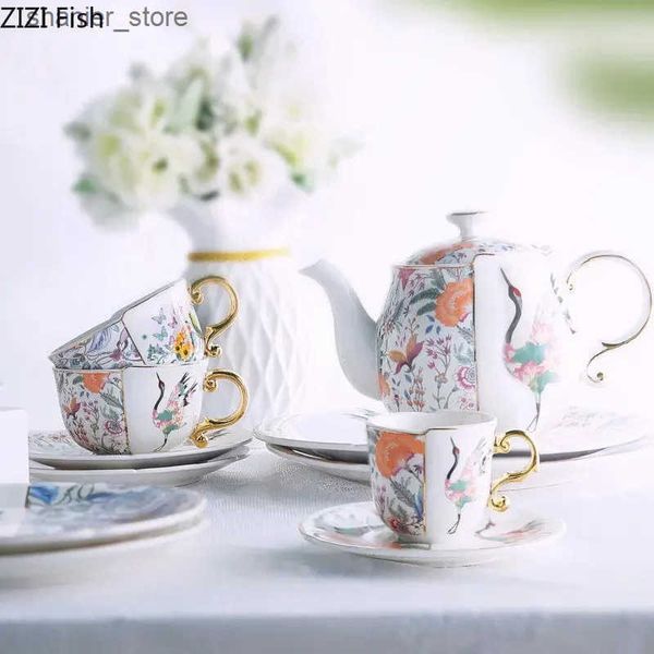 Coffee Tea Sets Fairy Crane Flower Pattern Ceramic Teapot Set Tea Cup Sauce Paint Gold Plated Coffee Cup Afternoon Tea Milk Juice Cup L24091
