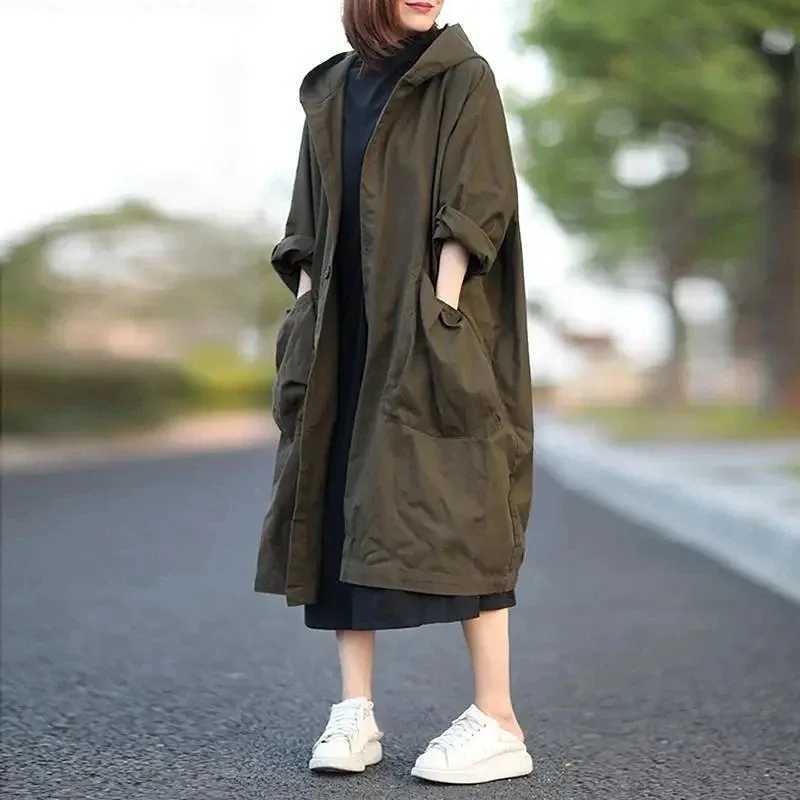 Womens Trench Coat 2023 Spring Autumn New Outerwear Hooded Pockets Loose Casual Women Clothing Vintage Windbreakers JacketsX240921