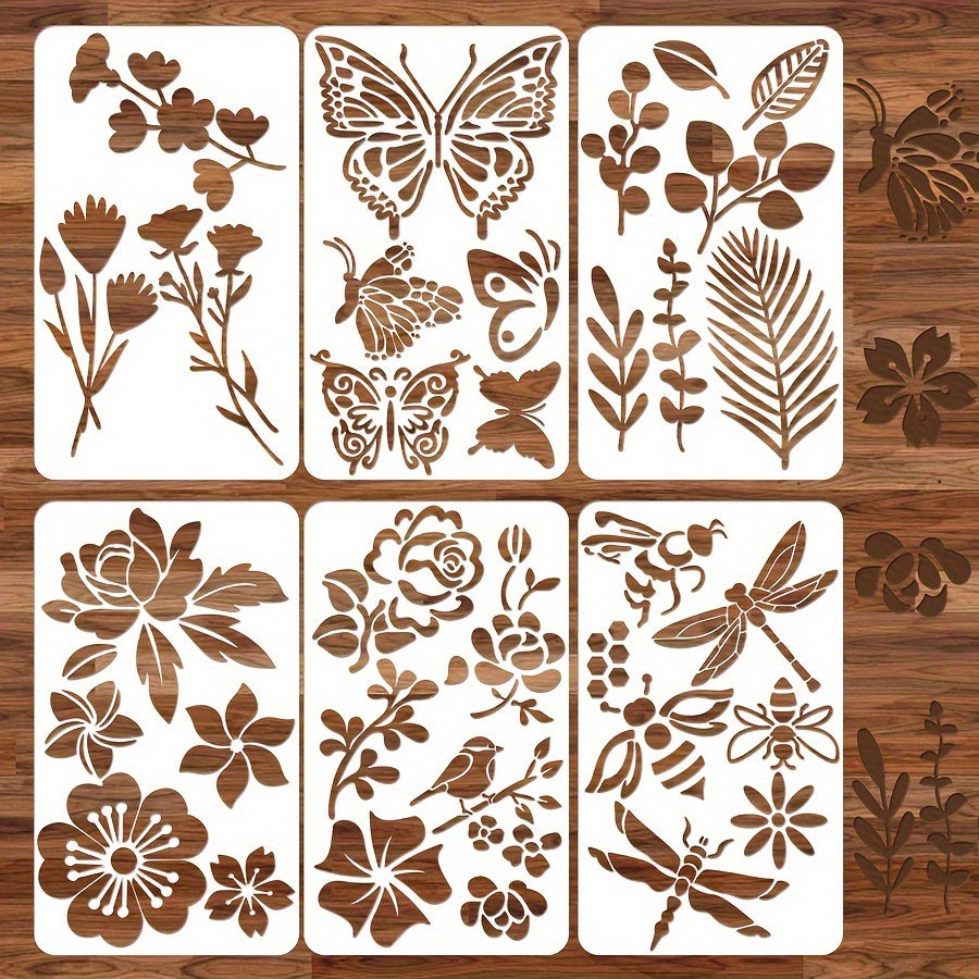 TEMU 6 Pcs Plastic Stencil Templates For Diy Crafts, Mixed Floral And Designs For Scrapbooking, Woodworking, Painting, And Journaling