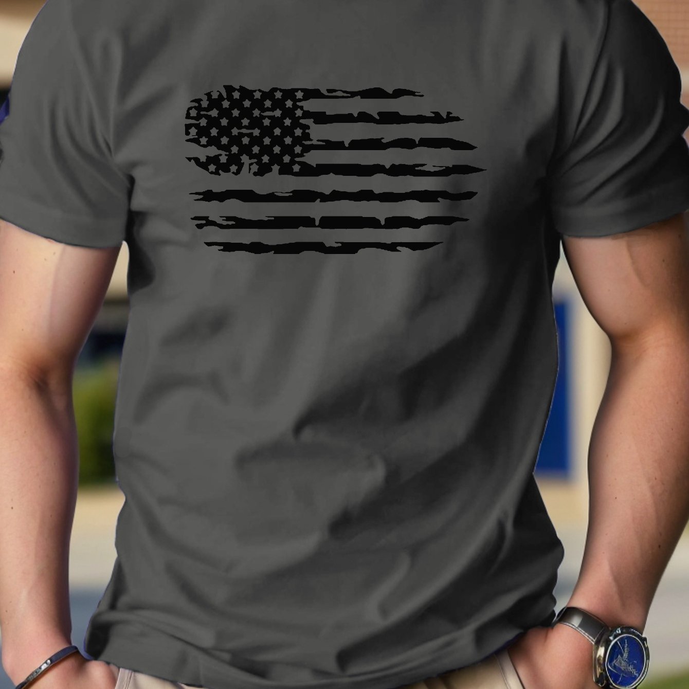 TEMU Men's Casual Cotton T-shirt, 100% Cotton Crew Neck Tee, Loose Fabric, With American Flag , For , Cotton T Shirts