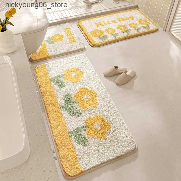 Non-Slip Bath Mats Yellow Flower Bath Mat Set Thick Flocking Microfiber Bathroom Carpet Toilet Foot Mat Non-slip Water Absorbent Rug Doormat