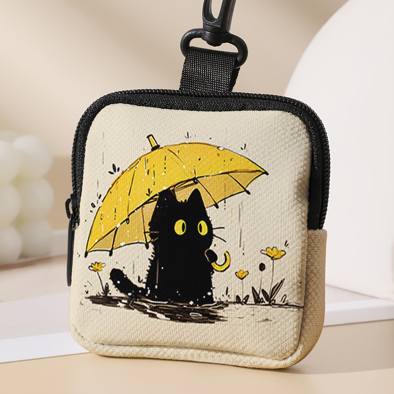 TEMU Durable Umbrella-holding Black Cat Pattern Large Capacity Coin Purse - Versatile Key, Card, Data Cable & Headphone Organizer, Polyester,