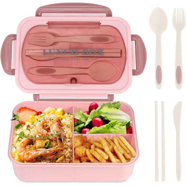 1200Ml Kids 3 Compartments Leakproof Bento Box With Utensils Pink Lunch Boxes For Adults 0712 0914