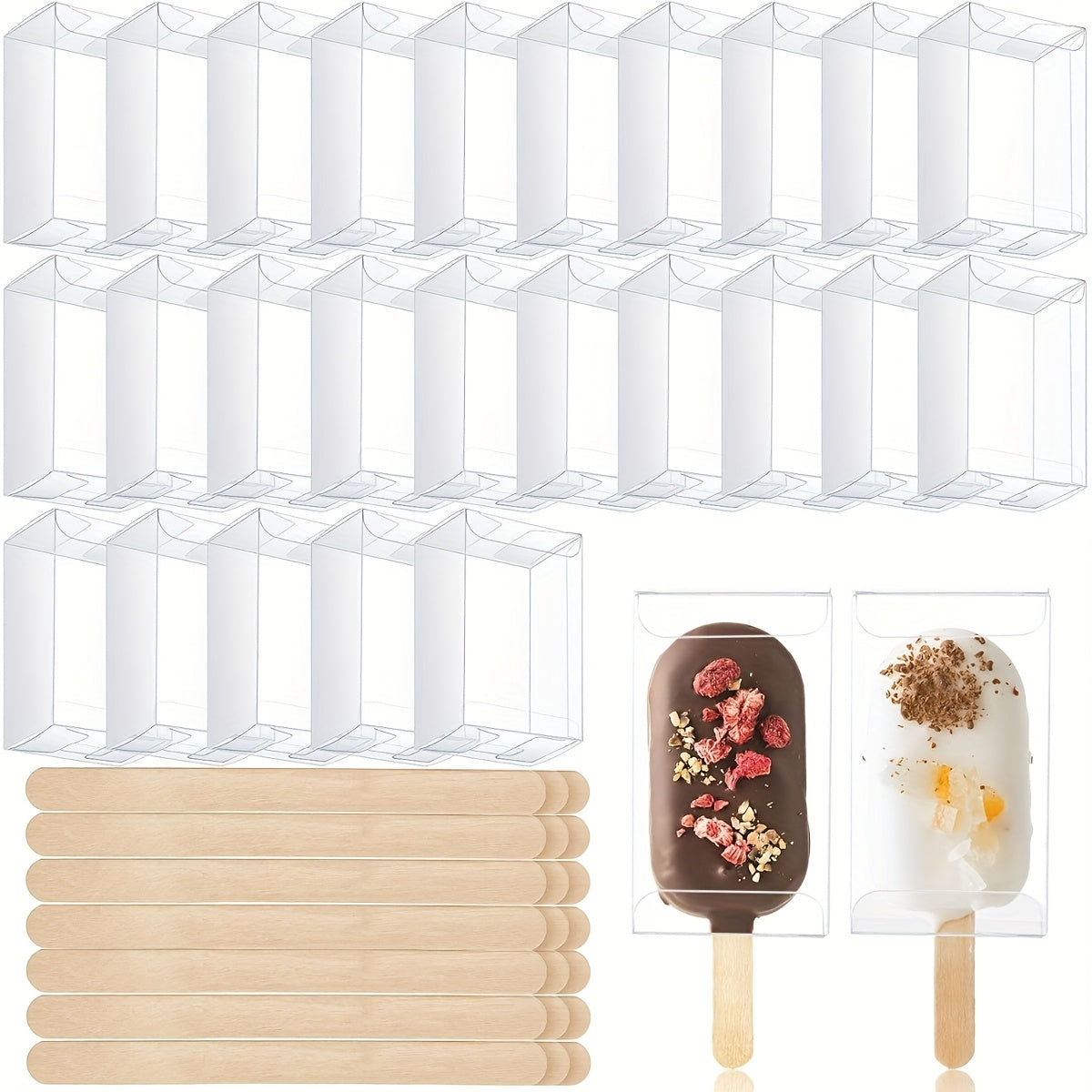 TEMU 50pcs Ice Cream Cakesicle Boxes Set 25 Cake Boxes Plastic Candy Gift Bags And 25 Wooden Sticks Treat Boxes For Diy Baking Wedding Baby Shower