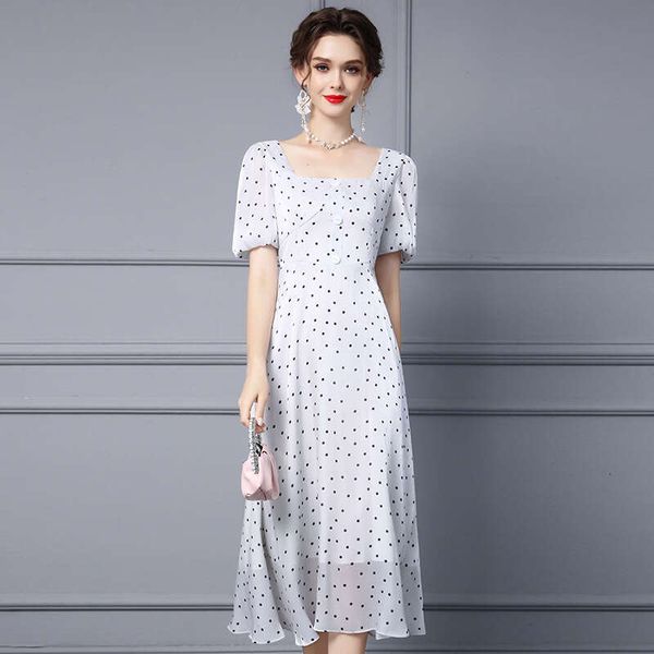 White Dress Long 2024 Summer New Seaside Vacation Style Lightweight Bubble Sleeve Polka Dot Skirt Self-cultivation Bifurcated Denim Dress Ov