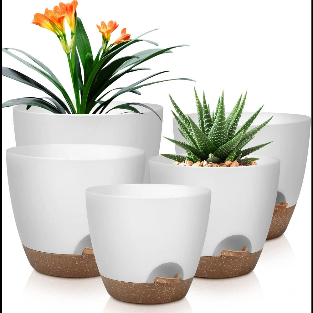 TEMU Plant Pots 7-6.5-6-5.5-5 Inch Self Watering Pots, Set Of 5 Plastic Planters With Drainage Holes And Saucers, Plastic Flower Pots, Nursery