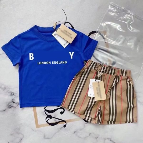 B Y Kids Clothing Summer Fashion able Children&#039;s Set Short Sleeve T-shirt Checkered Striped pants Little letter Men&#039;s and Women&#0