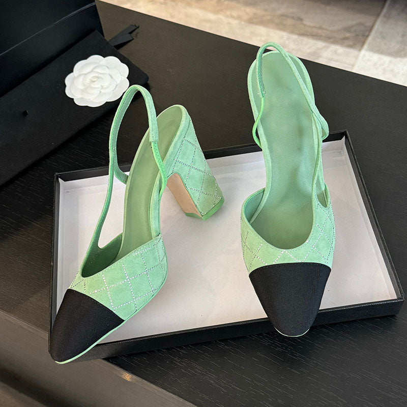 Suede Goatskin Women Slingbacks Sandals Chunky Heels 2.5cm-6.5cm-9cm Dress Shoe Slip On For Party Strass Wedding Shoe Outdoor Leisure Shoe Light Gre