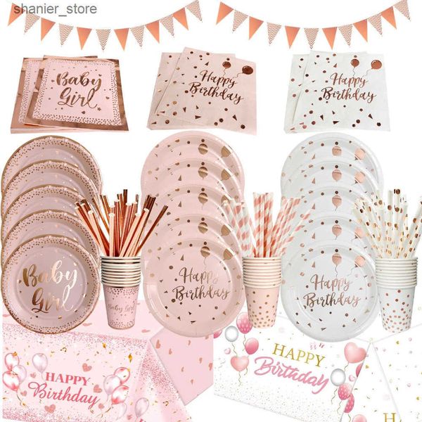 Disposable Dinnerware Birthday Disposable Tableware Set Pink Rose Gold White Plates Cups Napkins Tablecloth Girl Birthday Party Decoration B
