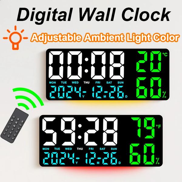 Large Digital Wall Clock with Atmosphere Lights Remote Control Temp Humidity Display LED Table Clock Multifunctional Alarm Clock 250113