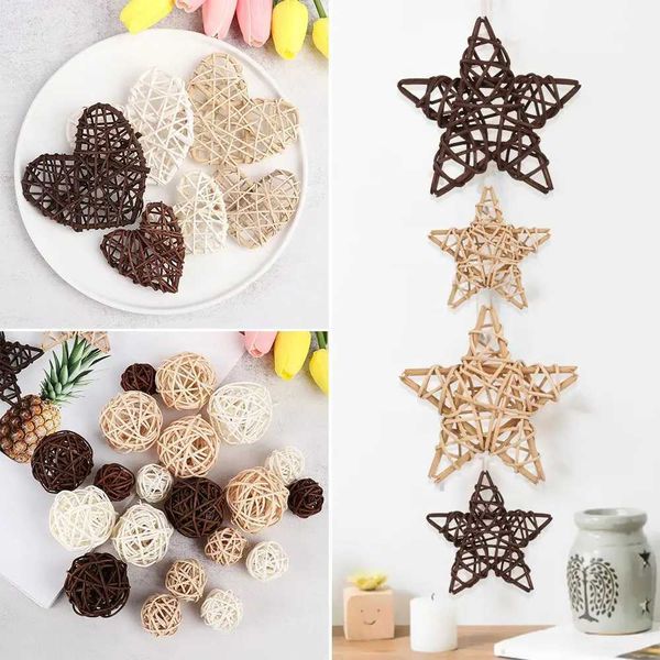10pcs Mixed Color Wood Coffee White Rattan Ball Heart Stars Home Decorations Christmas Tree Ornament Y240801