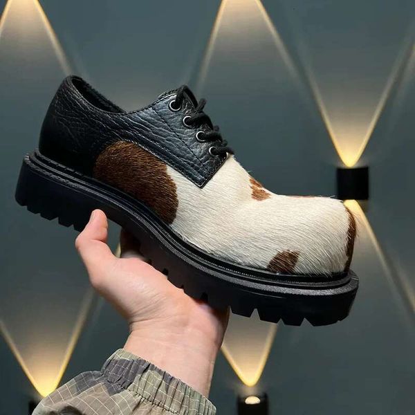 2025 New Style Horsehair Women&#039;s Derby Thick Heel Fashionable Loafers Women Left and Right Color Matching Female Shoes