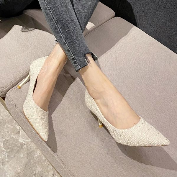 Tweed Pointed Toe Pumps, Elegant Thin High Heels for Women, Slip-On Stiletto Heel Party Shoes 4
