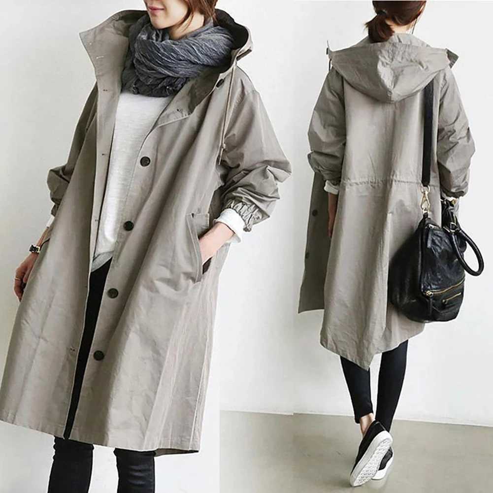 Womens Long Trench Coat with Pocket Hooded Windbreaker Monochromatic Outerwear Female Clothing AutumnX240921