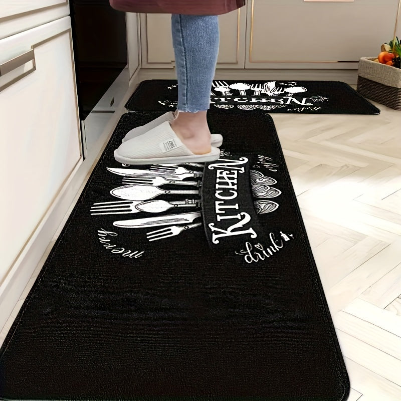 TEMU 2pcs Black Kitchen Floor Mats With Cookware Pattern & "kitchen" Text - Non-slip Rubber Backing, Diatomite Water-absorbent, Machine Washable Soft