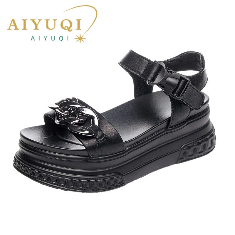 AIYUQI Sandals Women High-heel Platform Genuine Leather Women Summer Sandals Fashion Version Chain Roman Sandals Women