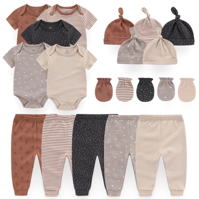 w426 Cotton born Baby Girl Clothes Cartoon BodysuitsPantsHatsGloves Sets Print Boy Solid Color Bebes 250528