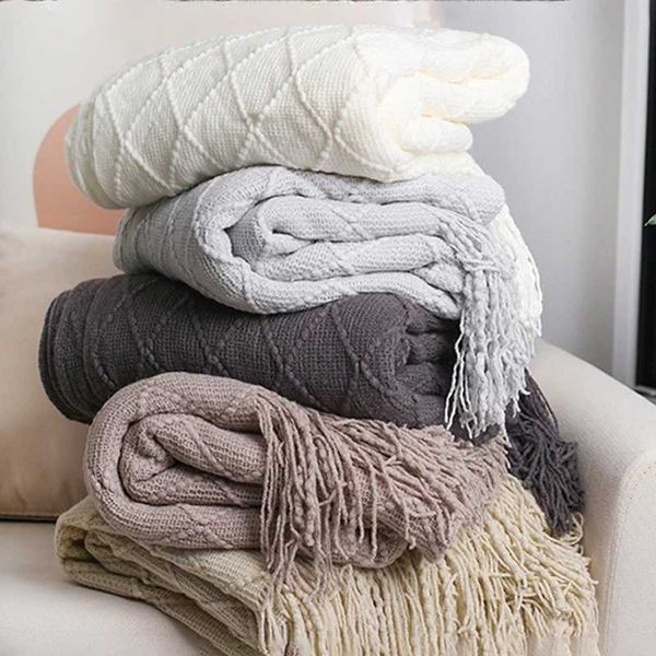 Nordic Knitted Shawl Sofa Blanket with Tassels Scarf Sofa Emulation Fleece Throw Blanket TV Blankets Bed End Decor Drop ShipM240807