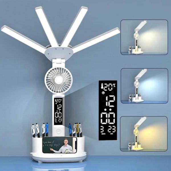 LED Desk Lamp for Office Desk Lamps with Fan Bright Four-Headed Table lamp Adjustable Foldable Table Lamp with Clock Date FaC250110